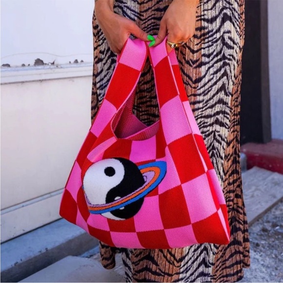 Dressed in LALA Handbags - Dressed in LALA Pink and Red Checkered Satchel Knit Bag Purse New